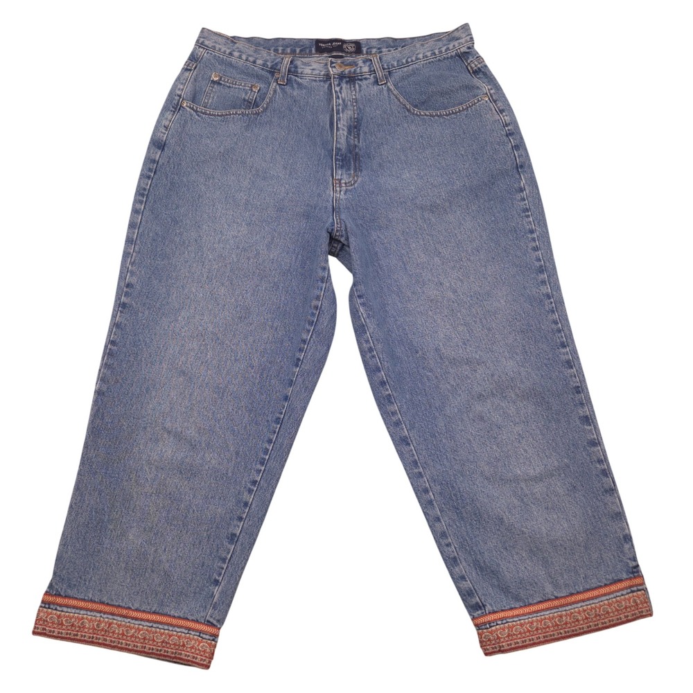 VTG Y2K VENEZIA Blue Denim‎ Jeans Embroidered Hem Cropped HIPPIE BOHO Women 18